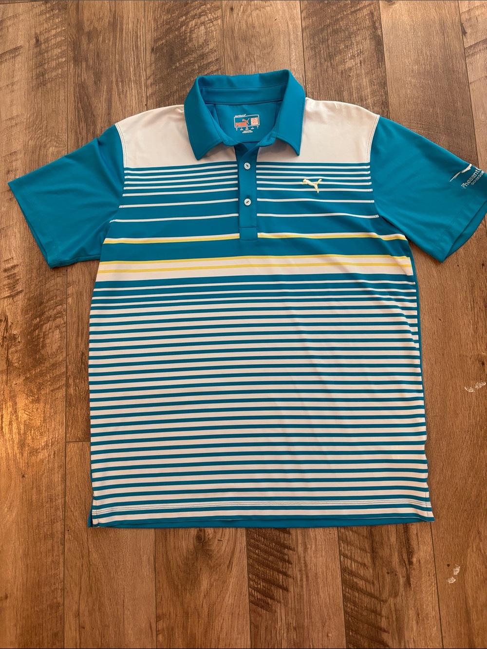 PUMA Golf Men's Striped Polo Shirt - Blue/White/Yellow - Size Medium